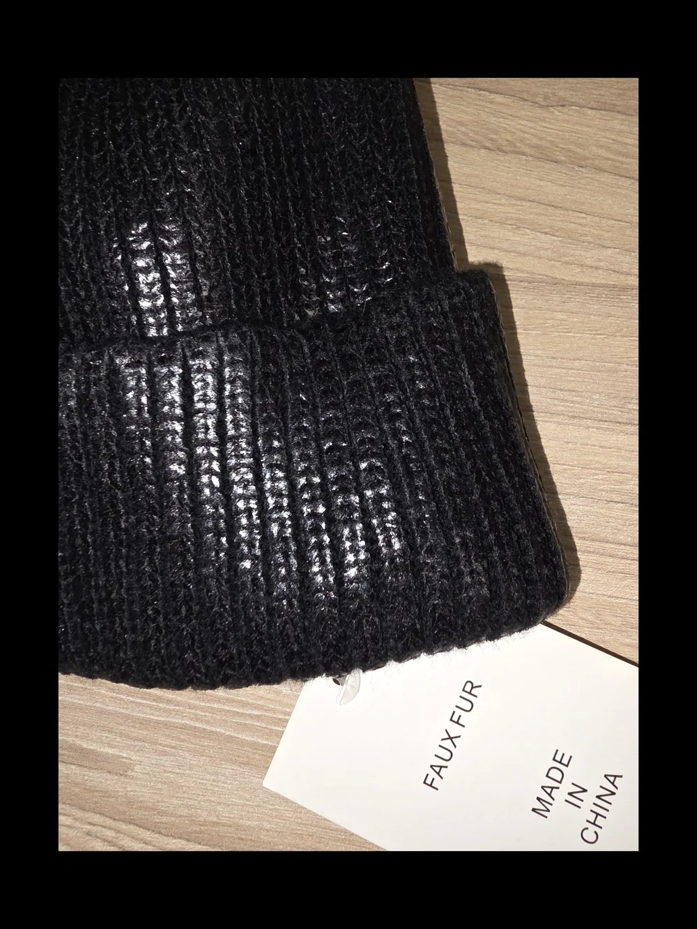 Adrienne Landau Metalic Black Ribbed Knit Beanie with Faux Fur Pom